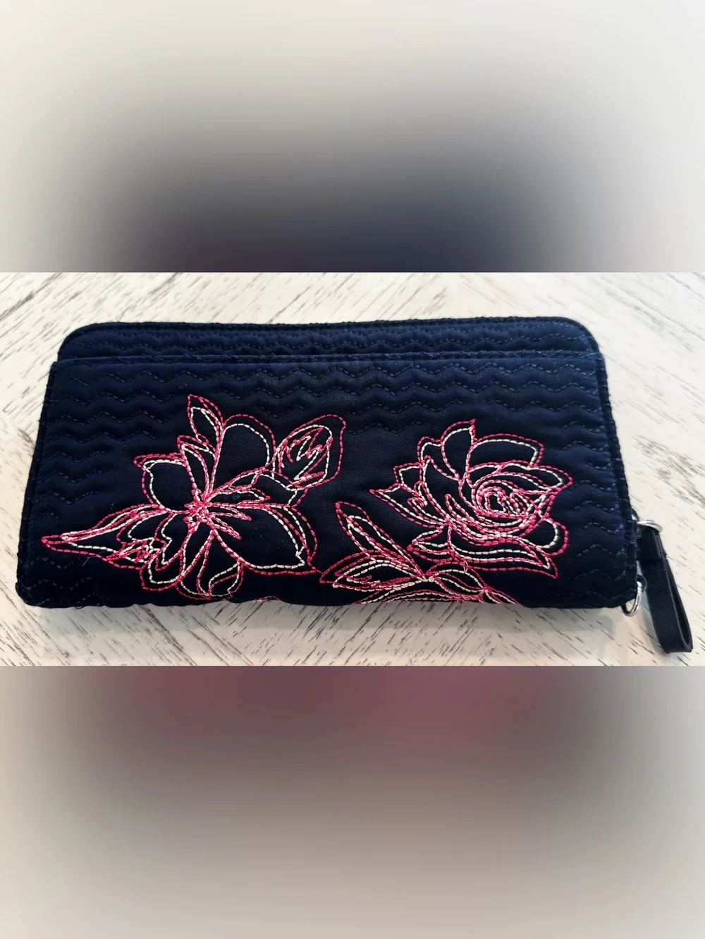 Vera Bradley Classic Navy Quilted Floral Embroidered RFID Zip Around Wallet